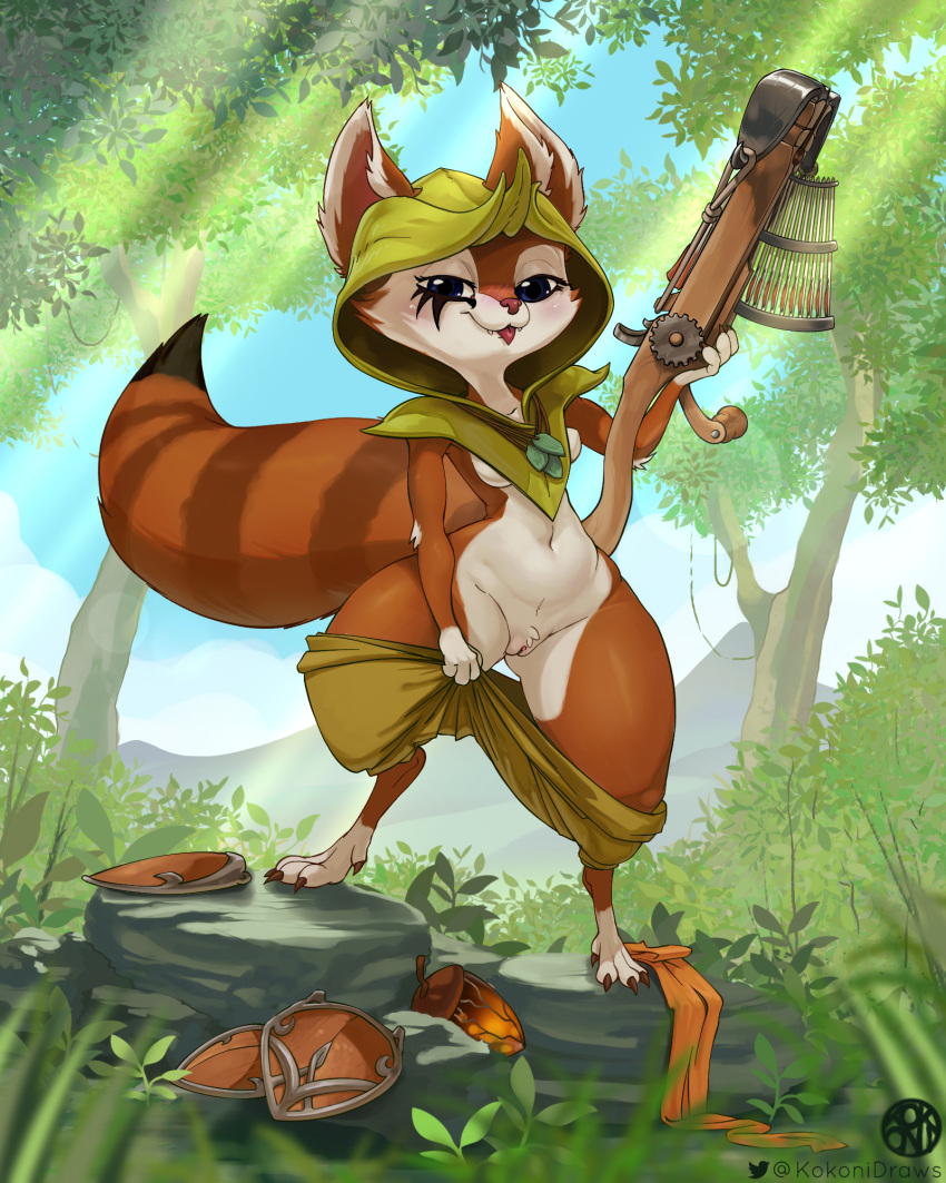 4:5 anthro black_tail_tip bottomwear bottomwear_down breasts clothed clothing crossbow detailed_background digital_media_(artwork) dirtyrenamon dota eye_makeup female forest fur genitals hi_res holding_object holding_weapon hoodwink_(dota) kokoni mammal outside pants pants_down partially_clothed plant pussy ranged_weapon rodent sciurid semi-anthro shaded solo tree tree_squirrel video_games weapon