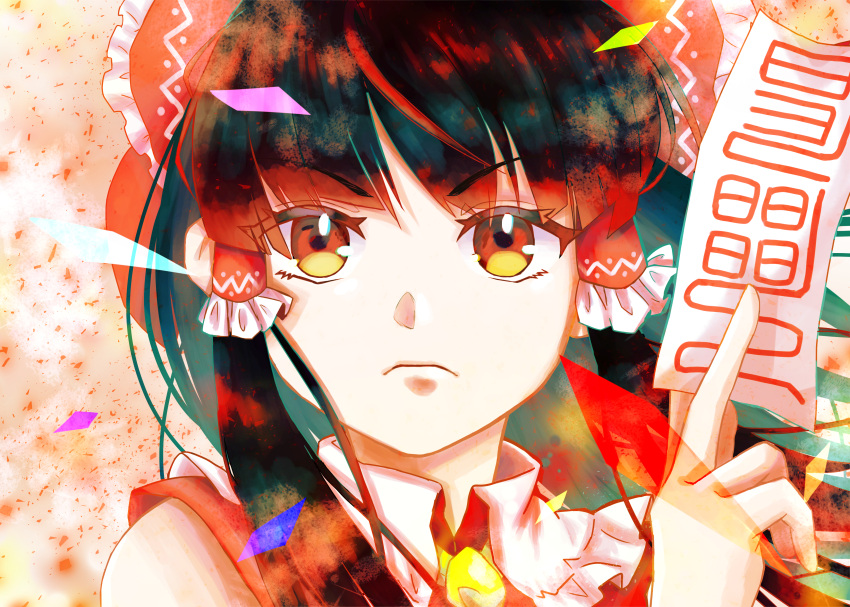 1girl absurdres ascot bangs bare_shoulders black_hair blunt_bangs closed_mouth collared_vest commentary_request face frilled_ribbon frills hair_ribbon hair_tubes hakurei_reimu highres holding long_hair monodoku ofuda orange_eyes red_ribbon red_vest ribbon serious touhou vest yellow_ascot