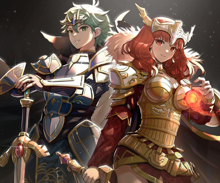 1boy 1girl alm_(fire_emblem) armor celica_(fire_emblem) falchion_(fire_emblem) fire fire_emblem fire_emblem_echoes:_shadows_of_valentia gonzarez green_eyes green_hair highres holding holding_weapon magic medium_hair red_eyes red_hair short_hair weapon