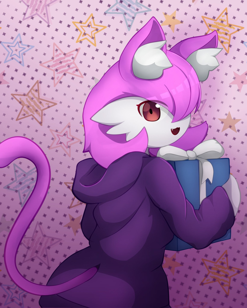 2022 birthday birthday_gift brown_eyes cat_tail clothing enrique849 fangs felid female from_behind_position fusion gardevoir hair hair_over_eye hi_res hoodie humanoid inner_ear_fluff looking_at_viewer looking_back mammal nintendo one_eye_obstructed pink_hair pok&eacute;mon pok&eacute;mon_(species) pok&eacute;mon_fusion sex simple_background solo topwear tuft video_games