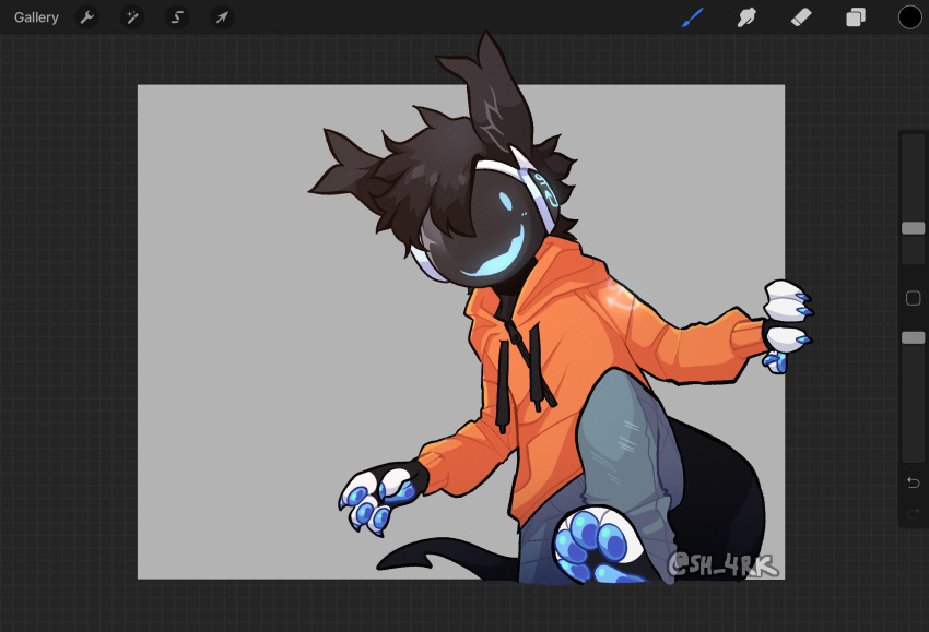 2021 4_fingers 4_toes anthro biped black_body black_fur blue_eyes blue_pawpads clothed clothing feet fingers fish fur hi_res hoodie hybrid looking_at_viewer machine male marine moose_(sh-4rk) orange_clothing pawpads procreate protogen sh-4rk shark solo toes topwear