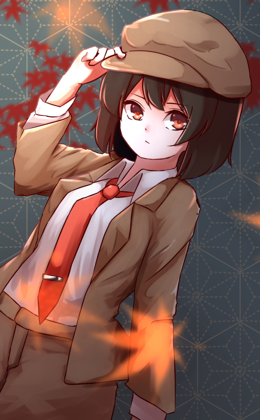 autumn_leaves brown_eyes brown_hair brown_headwear brown_jacket brown_shorts cabbie_hat closed_mouth collared_shirt commentary_request dutch_angle flat_cap hat highres holding holding_clothes holding_hat jacket long_sleeves looking_at_viewer necktie no_wings red_necktie shameimaru_aya shameimaru_aya_(newsboy) shirt short_hair shorts suit_jacket tengu tie_clip touhou white_shirt yusake_san