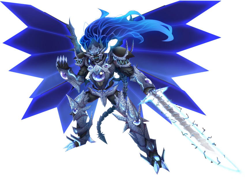 1boy arkfield armor bangs blazblue blazblue:_central_fiction blazblue:_cross_tag_battle blue_eyes blue_hair crossover divine_dividing energy_sword energy_wings full_armor full_body fusion gauntlets high_school_dxd high_school_dxd_new highres holding holding_sword holding_weapon large_wings long_hair looking_at_viewer no_pupils pauldrons shoulder_armor susanoo_(blazblue) sword tail vali_lucifer very_long_hair weapon