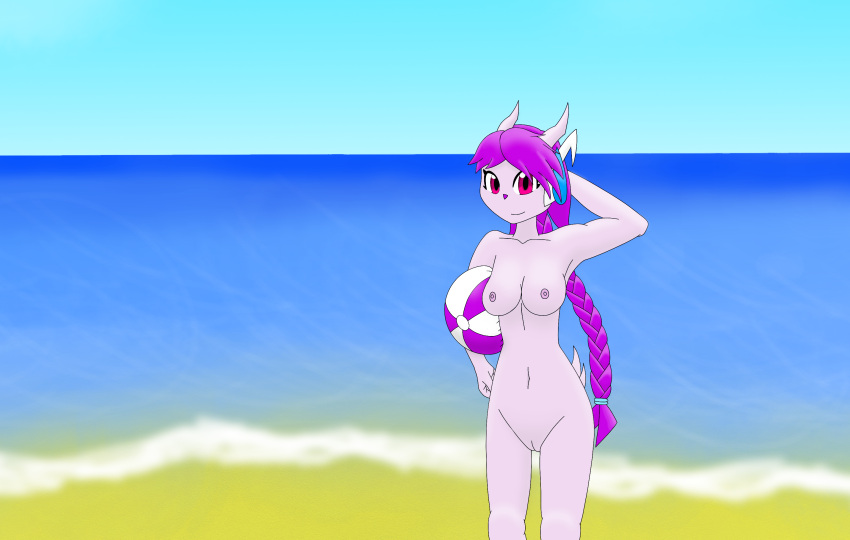 2019 anthro aquatic_dragon beach braided_hair braided_ponytail breasts dragon exhibitionism feathered_tail feathers female freedom_planet freedom_planet_2 genitals ghostth39 hair hand_behind_head hi_res horn hybrid looking_at_viewer marine medium_breasts navel nipples pink_body purple_hair pussy red_eyes sash_lilac seashore seaside simple_background solo sport video_games volleyball