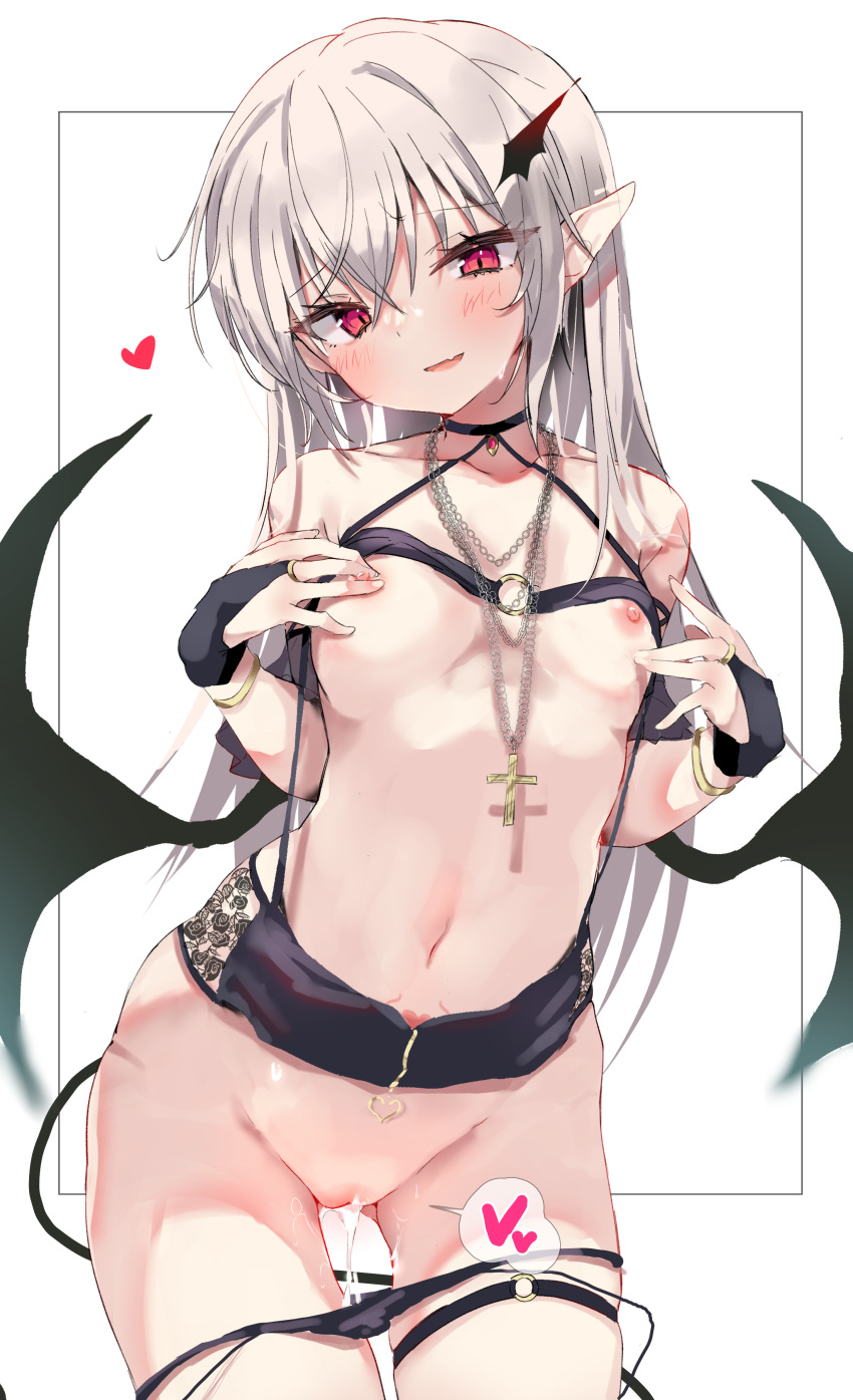 absurdres after_sex ass_visible_through_thighs bikini bikini_lift bikini_pull black_bikini black_gloves blush breasts bridal_gauntlets clothes_lift clothes_pull cum cum_in_pussy cumdrip demon_girl demon_tail demon_wings gloves groin hand_on_breast heart highres jewelry long_hair navel necklace nipple_tweak nipples open_mouth original pointy_ears pussy red_eyes self_fondle silver_hair slit_pupils small_breasts smile swimsuit tail thigh_gap thigh_strap thighs toshizou_(0714) wings