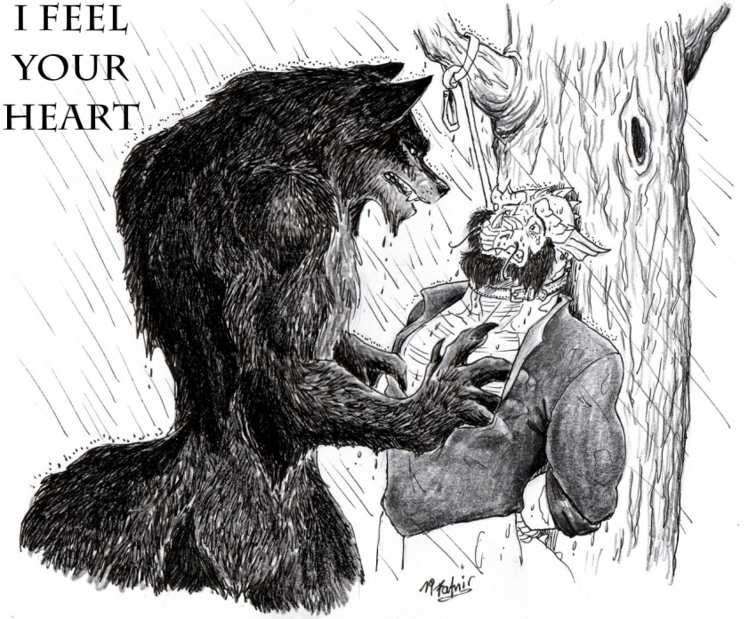 anthro belly_scales black_and_white canid canine canis chest_grab claws dragon duo eternal.knot fur humanoid male male/male mammal monochrome plant raining scales tree were werecanid werecanine werewolf wet wet_body wet_fur wolf