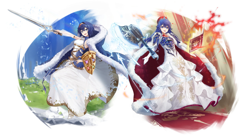 2girls absurdres armads_(fire_emblem) blue_cape blue_eyes blue_hair book cape commission falchion_(fire_emblem) fire fire_emblem fire_emblem:_the_binding_blade fire_emblem_awakening fire_emblem_cipher highres lilina_(fire_emblem) looking_at_viewer marrrrrr morgan_(fire_emblem) multiple_girls red_cape shield smile