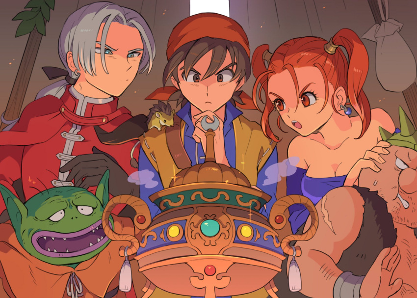 1girl 1other 3boys animal_on_shoulder bandana bare_shoulders breasts brown_eyes brown_hair cape cleavage closed_mouth commentary_request corset dragon_quest dragon_quest_viii earrings gloves goblin hero_(dq8) highres jessica_albert jewelry kukuru_(dq8) looking_at_object multiple_boys noshima open_mouth purple_shirt red_hair shirt short_hair straight-on strapless twintails yangus