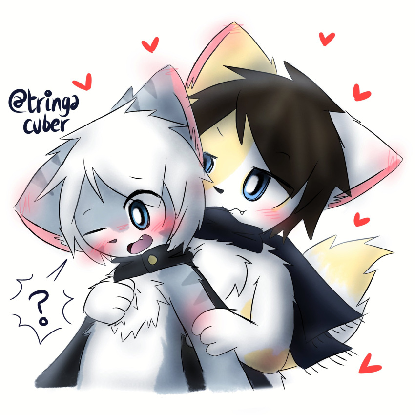 &lt;3 4_fingers ? anthro blue_eyes blue_scarf brown_hair canid canine canis cape chano_(character) chest_tuft clothing daww domestic_cat duo embrace felid feline felis fingers fur grey_body grey_fur grey_stripes hair hi_res hug hugging_from_behind interspecies male male/male mammal multicolored_body multicolored_fur one_eye_closed open_mouth scarf simple_background speech_bubble striped_body striped_fur stripes teeth tringa tringa_(character) tuft white_background white_body white_fur wolf yellow_body yellow_fur