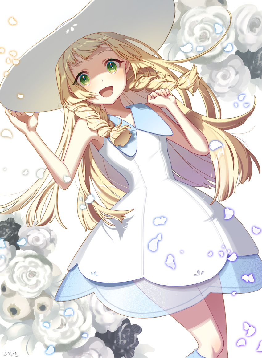 1girl :d absurdres bangs blonde_hair braid collared_dress dress eyelashes flower green_eyes hand_on_headwear hands_up hat highres lillie_(pokemon) long_hair looking_at_viewer open_mouth pokemon pokemon_(game) pokemon_sm see-through shi_mohaji sleeveless sleeveless_dress smile solo sun_hat sundress symbol-only_commentary tongue twin_braids