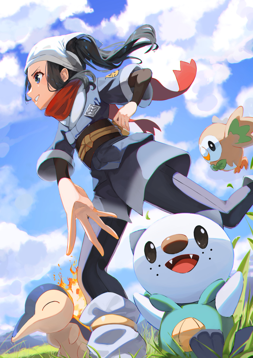 1girl absurdres akari_(pokemon) black_hair black_legwear black_shirt cloud commentary cyndaquil day eyelashes floating_hair floating_scarf grass grey_eyes grey_jacket grey_skirt head_scarf highres jacket logo loose_socks oshawott outdoors panbalkon pantyhose pokemon pokemon_(creature) pokemon_(game) pokemon_legends:_arceus ponytail red_scarf rowlet scarf shirt sidelocks skirt sky smile starter_pokemon_trio white_headwear