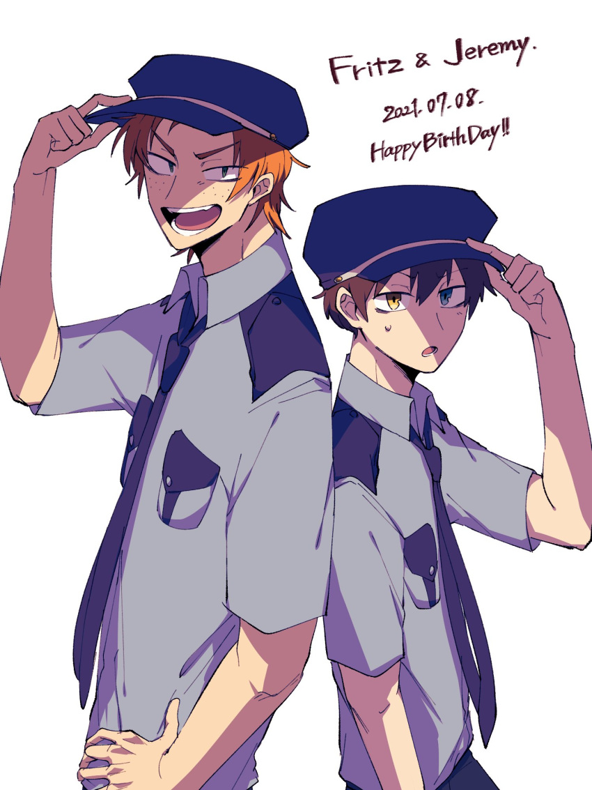 2boys birthday blue_headwear five_nights_at_freddy's_2 fritz_smith highres jeremy_fitzgerald misokino_009 multiple_boys security_guard