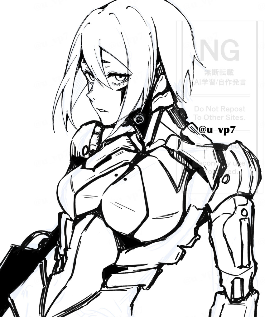 1girl android arm_mounted_weapon blame! breasts facial_mark forehead_mark highres looking_at_viewer mechanical_arms monochrome open_mouth safeguard_(blame!) sanakan short_hair sketch solo u_vp7 upper_body
