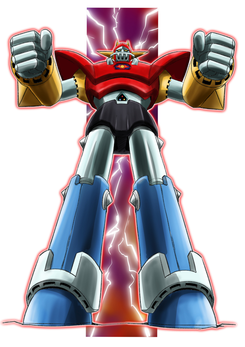 american_football american_football_helmet american_football_uniform clenched_hands diapolon full_body helmet highres mecha mecha_focus no_humans retro_artstyle robot science_fiction simple_background solo sportswear standing super_robot taiga_hiroyuki ufo_senshi_dai_apolon white_background yellow_eyes