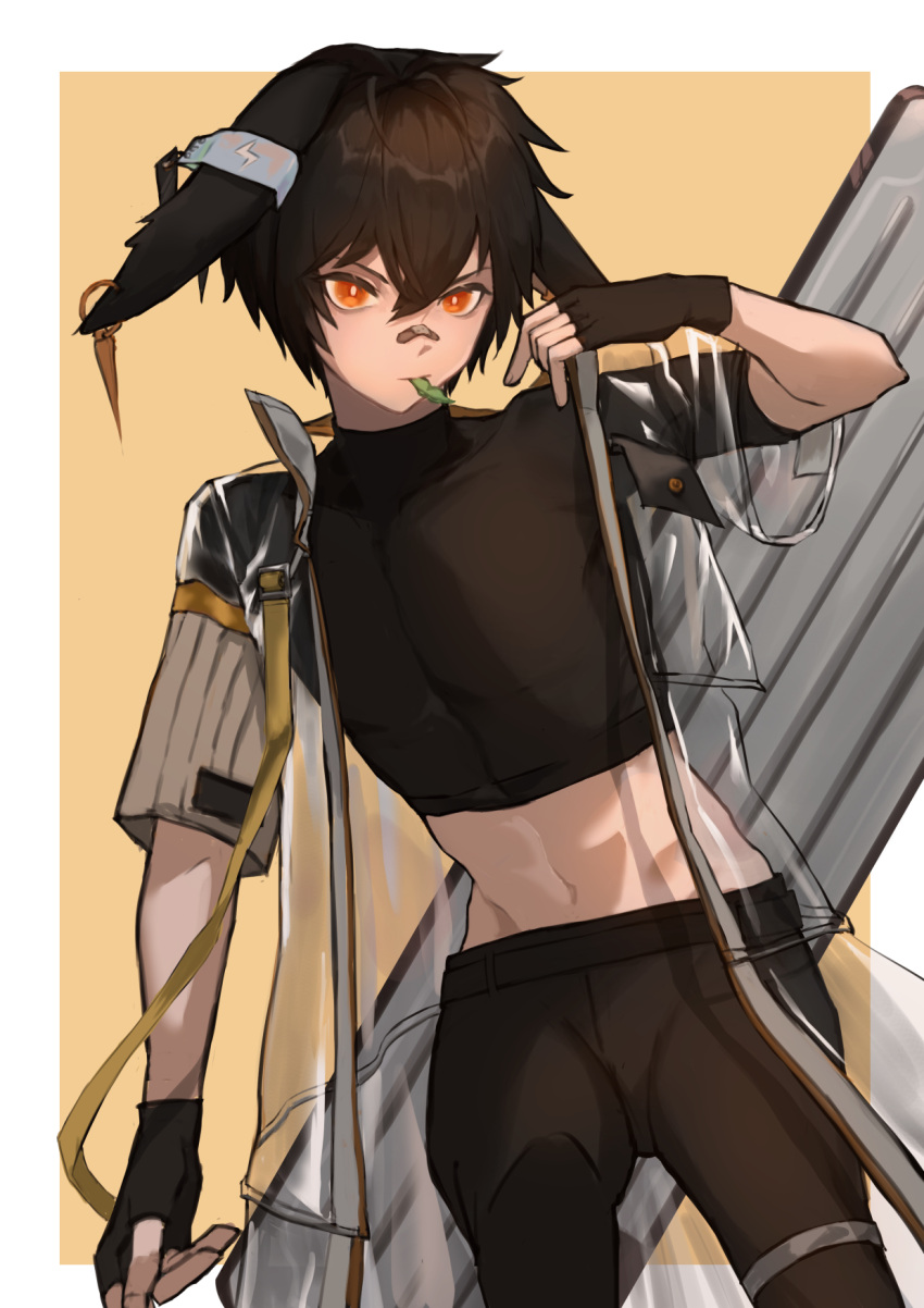 1boy abs animal_ears arknights ayerscarpe_(arknights) bandaid bandaid_on_face bishounen black_legwear brown_hair cowboy_shot edamame_(food) fingerless_gloves gloves highres kizuku_vii male_focus midriff orange_eyes see-through shirt short_hair simple_background solo