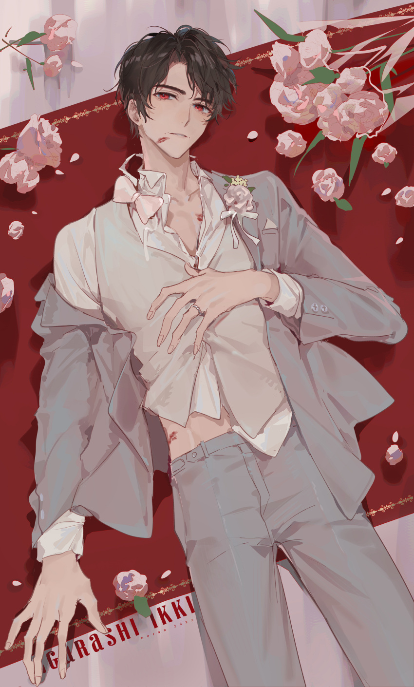 1boy absurdres alternate_costume bishounen bouquet bow bowtie bowtie_removed character_name doran7280 flower formal ground highres igarashi_ikki kamen_rider kamen_rider_revice lying on_back petals pink_eyes pink_flower rose shirt untucked untucked_shirt vest wedding white_shirt