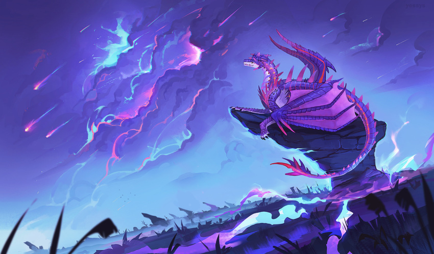 2022 ambiguous_gender claws detailed_background digital_media_(artwork) dragon feral horn membrane_(anatomy) membranous_wings outside purple_body purple_scales scales scalie solo spines western_dragon wings yessys