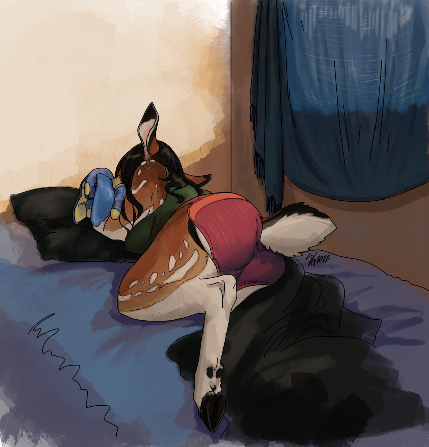 animal_humanoid anthro black_hair breasts brown_body brown_fur butt cervid cervid_humanoid clothed clothing face_hidden female fur hair hi_res hooves humanoid long_hair mammal mammal_humanoid plushie sleeping solo spots useful_bear white_spots