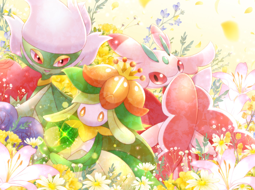bright_pupils commentary_request falling_petals flower lilligant looking_at_viewer lurantis maiko_(mimi) no_humans open_mouth orange_eyes petals pokemon pokemon_(creature) red_eyes roserade smile sparkle white_flower white_pupils