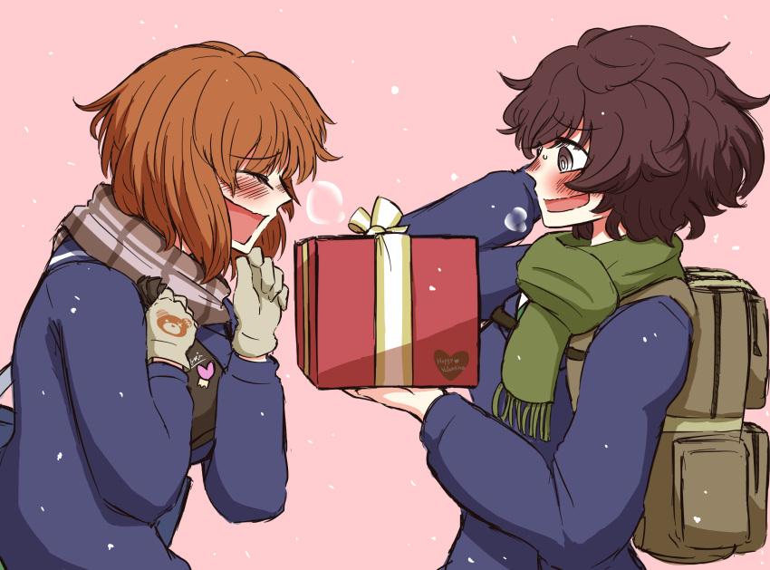 2girls akiyama_yukari backpack bag bangs blue_jacket blush boko_(girls_und_panzer) box breath brown_eyes brown_hair closed_eyes commentary_request eyebrows_visible_through_hair fringe_trim from_side gift gift_box girls_und_panzer giving gloves green_scarf grey_gloves grey_scarf hand_in_hair happy_valentine heart highres holding holding_gift jacket laughing long_sleeves looking_at_another messy_hair multiple_girls nishizumi_miho noumen ooarai_school_uniform open_mouth pink_background scarf school_uniform short_hair smile sweatdrop valentine winter_uniform yuri