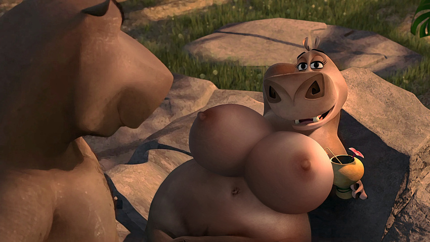 absurd_res anthro big_breasts breasts common_hippopotamus dreamworks edit female genitals gloria_the_hippopotamus hi_res hippopotamid madagascar_(series) male male/female mammal moto_moto nude pussy screencap solo venjiiart wide_hips