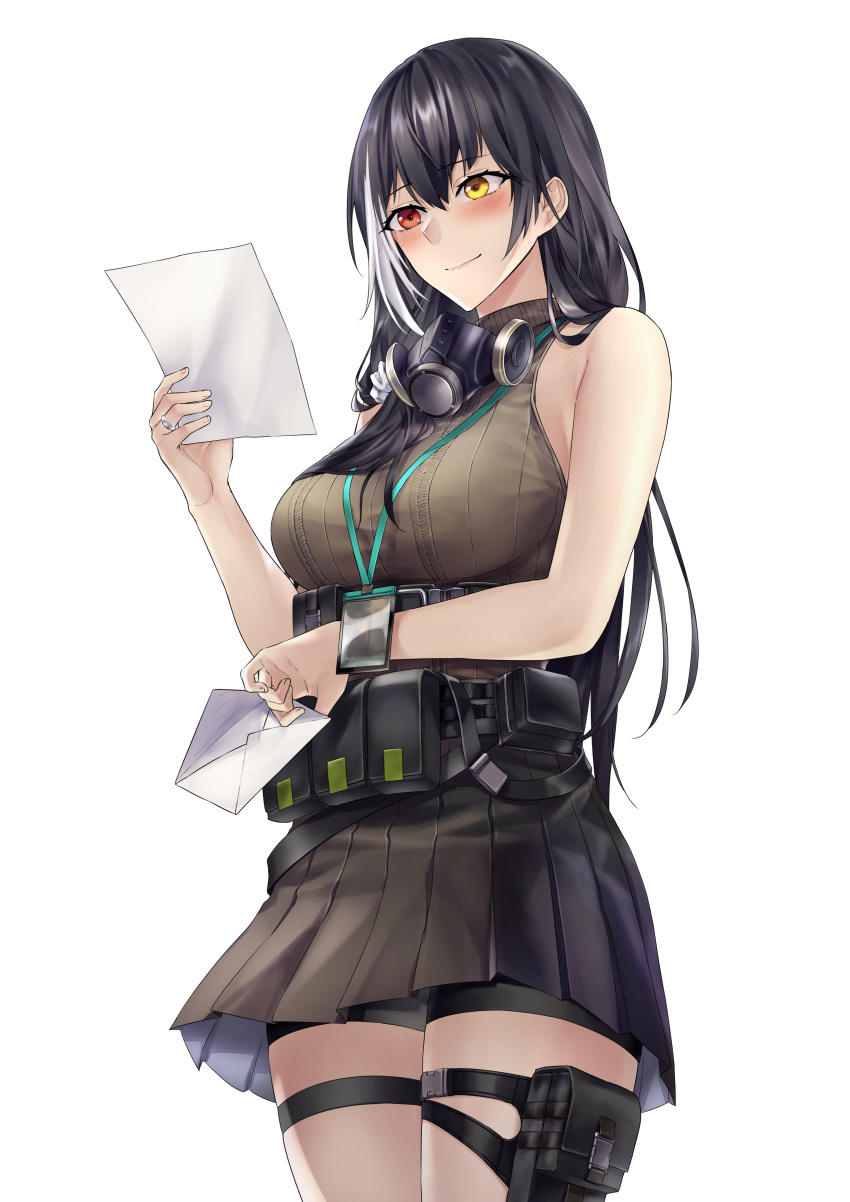1girl absurdres arm_under_breasts bare_arms bare_shoulders bike_shorts_under_skirt black_hair black_shorts blush breasts commentary commission cowboy_shot english_commentary envelope girls'_frontline hand_up heterochromia highres holding holding_letter holding_paper id_card jewelry large_breasts letter long_hair mask mask_around_neck miniskirt multicolored_hair no_gloves no_jacket paper pleated_skirt pouch reading red_eyes ribbed_sweater ring ro635_(girls'_frontline) shorts simple_background skirt sleeveless sleeveless_turtleneck smile solo streaked_hair suprii sweater thigh_pouch thigh_strap turtleneck upskirt white_background white_hair yellow_eyes