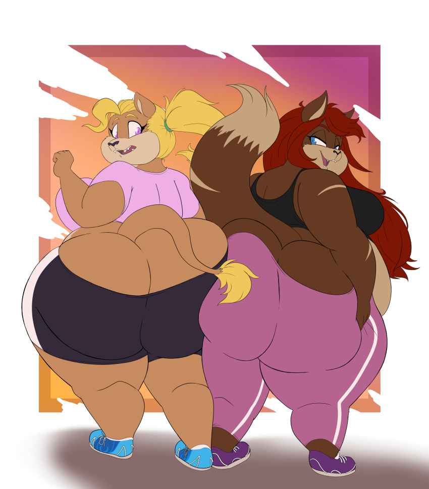 2022 absurd_res anthro ass_to_ass belly big_breasts big_butt black_bottomwear black_clothing black_shirt black_shorts black_tank_top black_topwear blonde_hair blue_clothing blue_eyes blue_footwear blue_shoes bottomwear bra breasts brown_body brown_fur butt butt_cleavage butt_squish clothing curvy_figure dipstick_tail domestic_cat duo felid feline felis female footwear fur goblinhordestudios gym_bottomwear gym_clothing gym_shorts hair hi_res huge_butt lion lisa_(goblinhordestudios) long_hair looking_back mammal markings multicolored_body multicolored_fur overweight overweight_female pantherine pants pink_bottomwear pink_clothing pink_eyes pink_pants pink_shirt pink_topwear ponytail purple_clothing purple_footwear purple_shoes rear_view red_hair sabrina_(thunderkid92) shirt shoes shorts sneakers sports_bra squish t-shirt tail_markings tan_body tan_fur tank_top thick_thighs tight_clothing topwear two_tone_body two_tone_fur underwear voluptuous wardrobe_malfunction yoga_pants