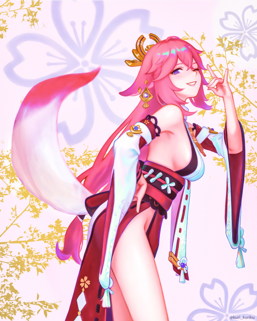 1girl absurdres animal_ears branch breasts cherry_blossoms cowboy_shot derivative_work detached_sleeves earrings english_commentary floppy_ears floral_background fox_ears fox_girl fox_shadow_puppet fox_tail from_side genshin_impact hair_between_eyes hair_ornament hand_on_hip highres japanese_clothes jewelry kuri_kuriku large_breasts leaning_forward long_hair looking_at_viewer looking_to_the_side low-tied_long_hair mitsudomoe_(shape) nontraditional_miko obiage obijime one_eye_closed parted_lips pendant pink_background pink_hair pink_lips pink_tail purple_eyes red_skirt ribbon-trimmed_clothes ribbon_trim shirt sideboob skirt sleeveless sleeveless_shirt smile solo tail tassel thahalfweeb thighs tomoe_(symbol) twitter_username very_long_hair vision_(genshin_impact) white_shirt wide_sleeves yae_miko