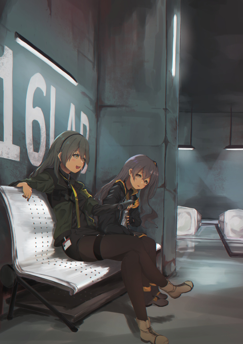 0shino 2girls absurdres bangs black_legwear black_ribbon blush brown_footwear brown_hair commentary_request embarrassed eyebrows_visible_through_hair full_body girls'_frontline gloves grey_hair hair_between_eyes hair_ornament hair_ribbon highres holding id_card indoors jacket lights long_hair looking_at_another miniskirt multiple_girls one_side_up open_clothes open_jacket open_mouth orange_eyes pantyhose ribbon shirt sitting skirt smile symbol-shaped_pupils thigh_strap ump40_(girls'_frontline) ump45_(girls'_frontline) yellow_eyes