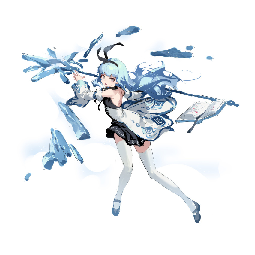 1girl :d absurdres animal_ears backless_dress backless_outfit bangs bare_shoulders black_dress black_hairband blue_footwear blue_hair blunt_bangs book commentary copyright_request cross-laced_clothes dress fake_animal_ears full_body hairband highres holding holding_polearm holding_weapon ice long_hair looking_at_viewer magic mary_janes open_book open_mouth polearm shisantian shoes smile solo symbol-only_commentary thighhighs waist_cape weapon white_background zettai_ryouiki