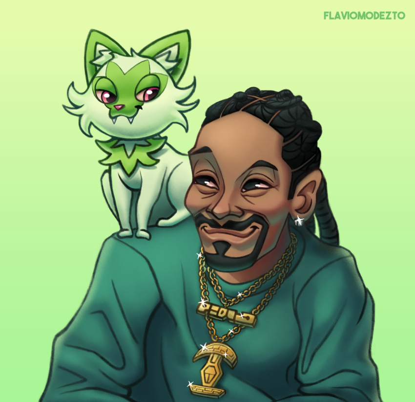 absurd_res ambiguous_gender cheek_tuft dreadlocks duo ear_piercing facial_hair facial_tuft feral flaviomodezto fur goatee gold_(metal) gold_jewelry gold_necklace green_background green_body green_fur half-closed_eyes hi_res human inner_ear_fluff jewelry longsleeve looking_at_another male mammal narrowed_eyes necklace nintendo piercing pok&eacute;mon red_eyes sharp_teeth simple_background sitting sitting_on_person smile smiling_at_each_other snoop_dogg sprigatito teeth tuft video_games