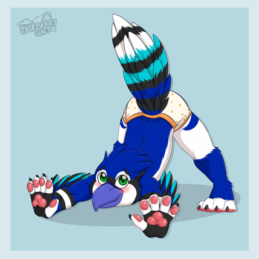 1:1 2022 anthro avian beak biped black_body black_claws black_feathers black_fur blue_background blue_body blue_feathers blue_fur blush border claws feathers fur furgonomics gaokun green_eyes hi_res jack-o'_pose male multi_tone_fur nuggie pawpads pink_pawpads pose shadow simple_background solo toe_claws watermark white_body white_border white_feathers white_fur