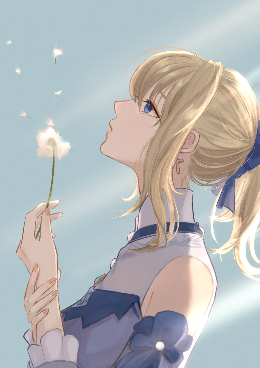 1girl absurdres bangs bare_shoulders blonde_hair blouse blue_blouse blue_eyes breasts cross cross_earrings dandelion earrings flower from_side genshin_impact hair_between_eyes hair_ribbon high_ponytail highres jean_(genshin_impact) jean_(sea_breeze_dandelion)_(genshin_impact) jewelry large_breasts long_hair looking_up m_2728 pink_nails ribbon sidelocks