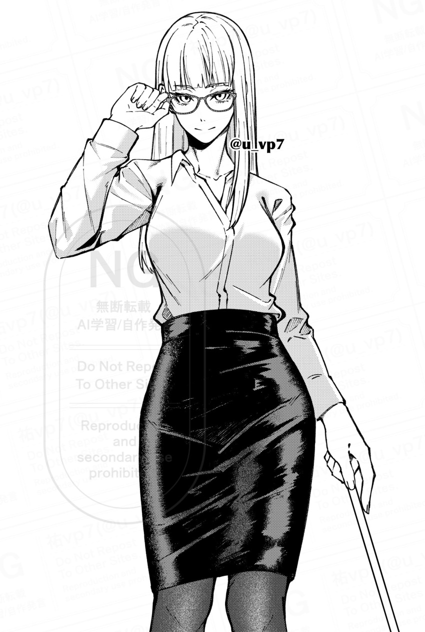 1girl adjusting_eyewear alternate_costume blame! breasts cibo collared_shirt cowboy_shot dress_shirt glasses hand_on_eyewear highres hime_cut looking_at_viewer medium_hair monochrome office_lady pencil_skirt shirt skirt smile solo u_vp7 white_hair