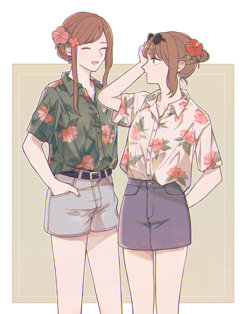 2girls 5ya_ngi ^_^ arm_behind_back axis_powers_hetalia bangs belgium_(hetalia) belt blue_shorts brown_hair casual character_request check_character closed_eyes collared_shirt dress_shirt earrings floral_print flower green_eyes green_shirt hair_bun hair_flower hair_ornament hair_up hand_in_pocket hand_up happy hawaiian_shirt hibiscus highres hungary_(hetalia) jewelry multiple_girls print_shirt profile purple_skirt red_flower shirt short_sleeves shorts sidelocks skirt standing sunglasses