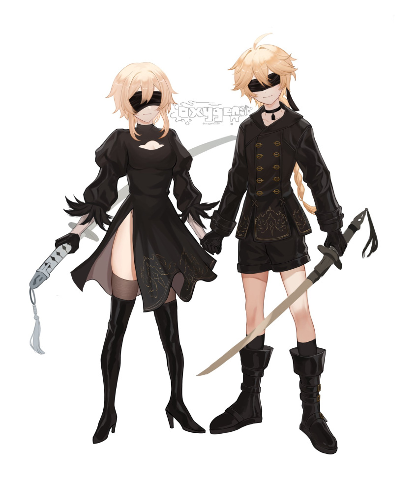 1boy 1girl aether_(genshin_impact) bangs black_dress blindfold blonde_hair blush braid cosplay dress eyebrows_visible_through_hair genshin_impact gloves hair_between_eyes hair_ornament highres long_hair long_sleeves looking_at_viewer lumine_(genshin_impact) nier nier_(series) nier_automata oxygen_(0220) single_braid sword weapon white_background yorha_no._2_type_b yorha_no._2_type_b_(cosplay) yorha_no._9_type_s yorha_no._9_type_s_(cosplay)