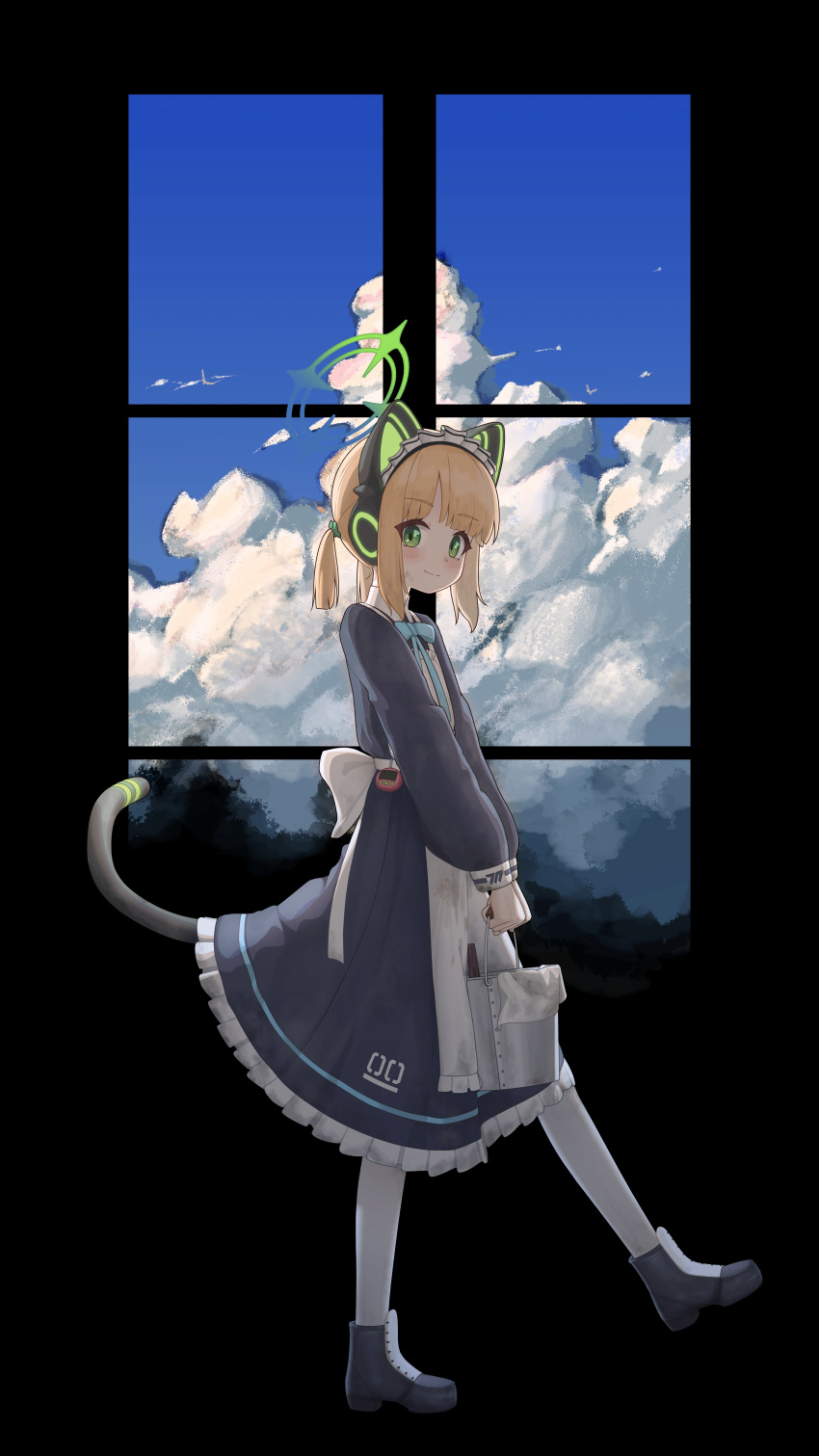 1girl absurdres animal_ear_headphones animal_ears apron aqua_bow aqua_bowtie back_bow black_background black_boots black_dress black_tail blonde_hair blue_archive blue_sky blush boots bow bowtie bucket cat_ear_headphones cat_ears cat_tail chinese_commentary cleaning_rag closed_mouth cloud cloudy_sky collared_dress contrast_collar dirty dirty_clothes dress dsfr fake_animal_ears fake_tail frilled_apron frilled_dress frills from_side full_body green_bow green_eyes green_halo hair_bow halo headphones highres holding holding_bucket light_smile long_sleeves looking_at_viewer maid maid_headdress midori_(blue_archive) midori_(maid)_(blue_archive) millennium_science_school_logo number_print official_alternate_costume official_alternate_hairstyle pantyhose ponytail puffy_long_sleeves puffy_sleeves short_hair short_ponytail sidelocks sky solo split_mouth standing standing_on_one_leg tail virtual_pet_(toy) white_bow white_headdress white_pantyhose window
