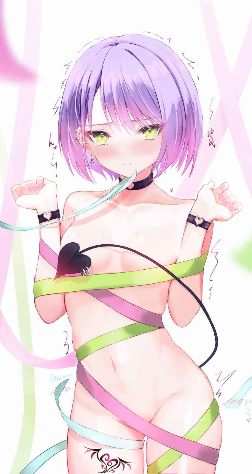 1girl ^^^ absurdres bangs biting blush breasts breasts_apart censored choker collarbone cowboy_shot demon_tail ear_piercing earrings error garireoningyo gradient_hair groin hands_up heart heart_tattoo highres hololive jewelry leg_tattoo lip_biting looking_at_viewer multicolored_hair naked_ribbon navel piercing pink_nails polydactyly purple_hair ribbon short_hair small_breasts solo sweat tail tail_censor tattoo tearing_up tears thighhighs tokoyami_towa trembling virtual_youtuber wristband