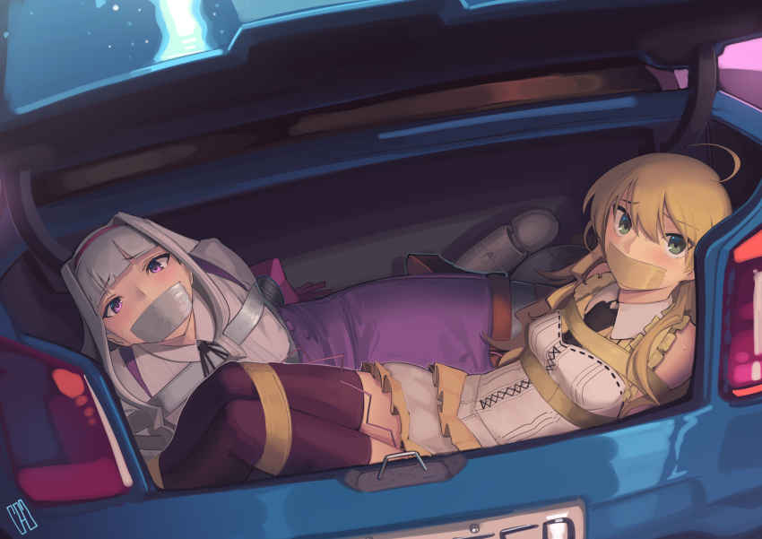 absurdres ahoge bdsm blonde_hair bondage bound bound_legs cad_(caddo) car car_trunk commission gag green_eyes ground_vehicle highres hoshii_miki idolmaster improvised_gag kidnapped kidnapping motor_vehicle purple_eyes restrained second-party_source sex_toy shijou_takane tape tape_bondage tape_gag thighhighs