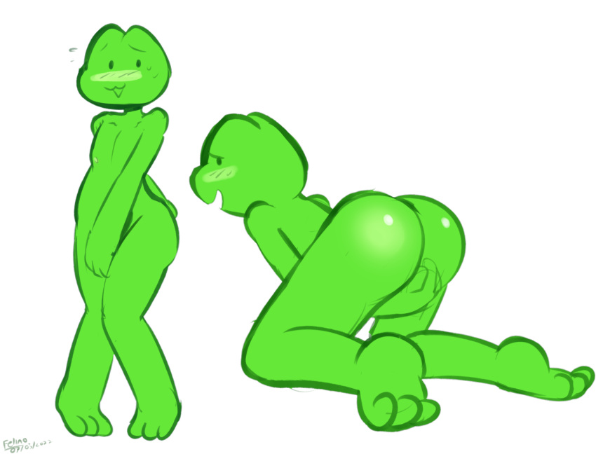 2022 3_toes amphibian anthro bent_over big_butt blush bodily_fluids butt colored_sketch covering covering_crotch covering_self dot_eyes embarrassed feet felino frog frogdor green_body green_skin hi_res kneeling looking_away looking_back male multiple_poses nude open_mouth pose simple_background sketch smile solo sweat sweatdrop toes white_background