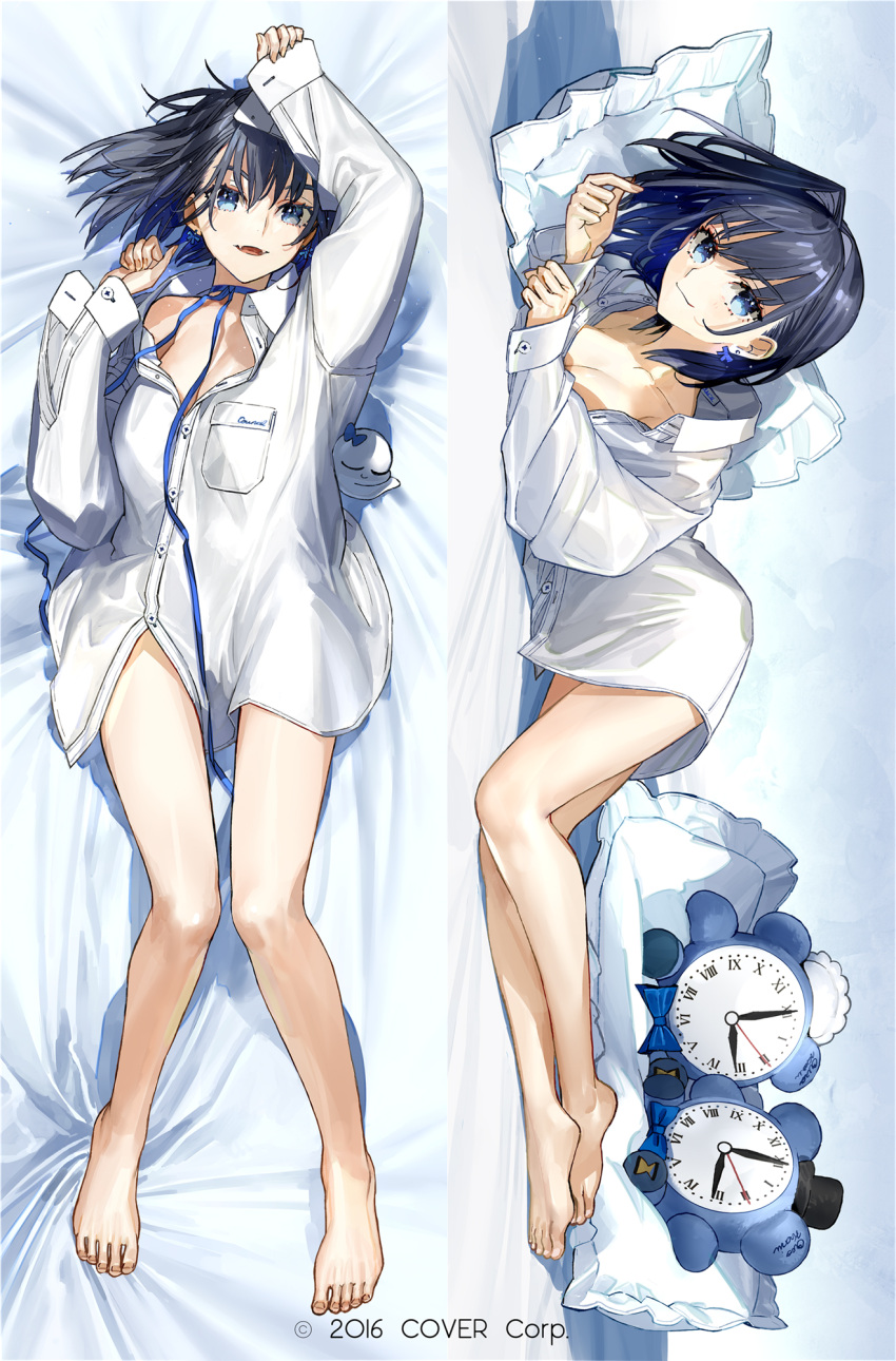 1girl bangs black_hair blue_eyes blush breasts cleavage collarbone collared_shirt dakimakura_(medium) dress_shirt hair_intakes highres hololive hololive_english large_breasts long_sleeves looking_at_viewer multiple_views open_mouth ouro_kronii shirt short_hair smile virtual_youtuber wada_arco white_shirt