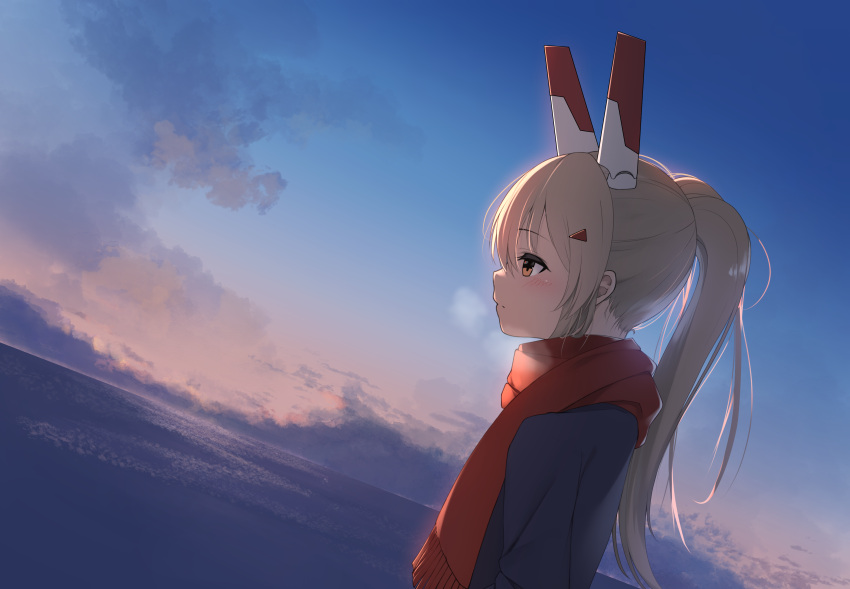 1girl absurdres alternate_costume ayanami_(azur_lane) azur_lane backlighting bangs black_coat casual cloud cloudy_sky coat commentary_request contemporary eyebrows_visible_through_hair from_side hair_between_eyes hair_ornament hairclip headgear highres horizon long_hair long_sleeves looking_away looking_up ocean orange_eyes ponytail red_scarf retrofit_(azur_lane) scarf sidelocks silver_hair sky smile solo twilight visible_air xdp_(dx19291005)