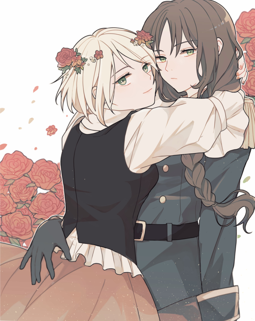 2girls 5ya_ngi arm_around_neck axis_powers_hetalia bangs belt black_gloves black_vest blonde_hair braid brown_hair cowboy_shot epaulettes floral_background flower frown genderswap genderswap_(mtf) gloves green_eyes hair_flower hair_ornament highres hug lithuania_(hetalia) long_hair long_sleeves looking_at_viewer looking_back military military_uniform multiple_girls petals poland_(hetalia) red_flower red_skirt shirt short_hair skirt uniform vest white_background white_shirt wind