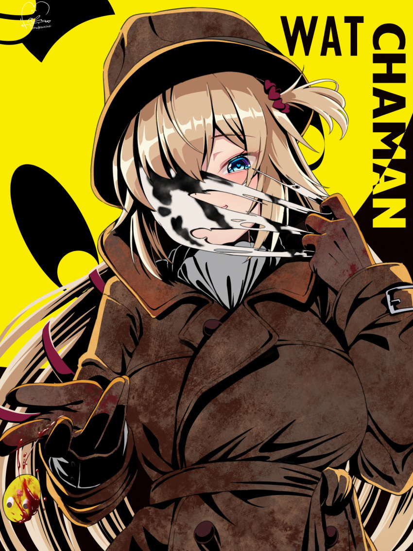 1girl akai_haato alternate_costume blonde_hair blood blood_splatter blue_eyes cosplay english_text fedora gloves hat highres hololive inkblot long_hair looking_at_viewer magowasabi mask parody rorschach signature solo tearing_clothes torn_clothes trench_coat twitter_username virtual_youtuber watchmen