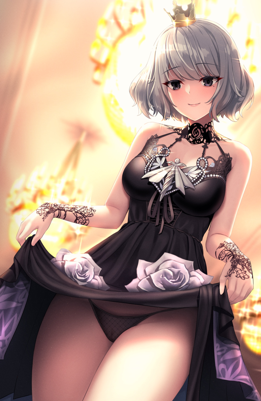 1girl azure-maya bangs bare_shoulders black_dress black_panties blurry blurry_background blush breasts cleavage closed_mouth clothes_lift collarbone commission cowboy_shot crown depth_of_field dress dress_lift eyebrows_visible_through_hair flower grey_hair highres idolmaster idolmaster_cinderella_girls jewelry large_breasts lifted_by_self looking_at_viewer medium_breasts mini_crown mole mole_under_eye necklace panties rose short_hair silver_hair skirt skirt_lift smile solo standing takagaki_kaede thighs underwear