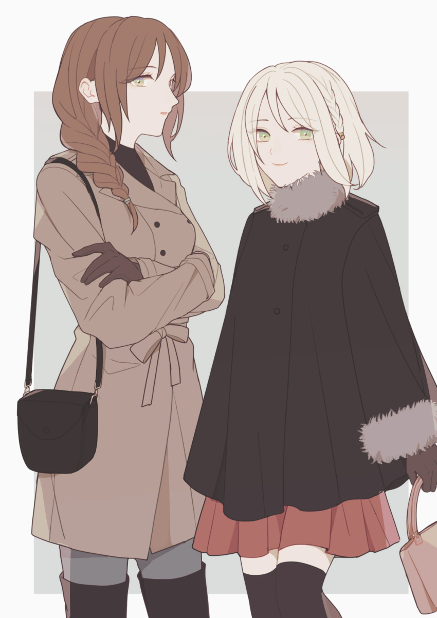 2girls 5ya_ngi axis_powers_hetalia bag bangs black_legwear blue_pants boots braid braided_ponytail breasts brown_coat brown_gloves brown_hair character_request check_character cloak coat crossed_arms feet_out_of_frame fur-trimmed_sleeves fur_trim genderswap genderswap_(mtf) gloves green_eyes hair_over_shoulder handbag highres lithuania_(hetalia) long_hair long_sleeves looking_at_viewer multiple_girls pants poland_(hetalia) red_skirt short_hair side_braid single_braid skirt standing thigh_boots thighhighs white_hair zettai_ryouiki