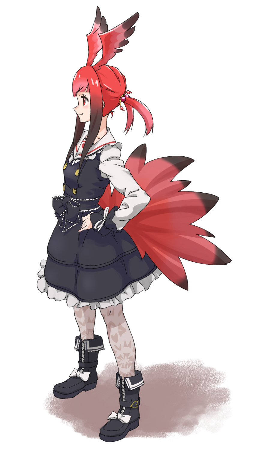 1girl absurdres black_footwear black_hair boots commentary dress eyebrows_visible_through_hair frilled_dress frills full_body gradient_hair hair_bobbles hair_ornament hand_on_hip head_wings highres kemono_friends long_hair long_sleeves looking_away multicolored_hair pantyhose red_eyes red_hair scarlet_ibis_(kemono_friends) short_twintails sidelocks simple_background solo standing tail tanabe_(fueisei) twintails white_background