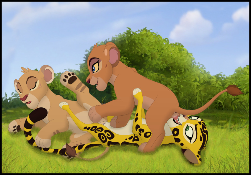 bodily_fluids cheetah disney felid feline female female/female feral feral_on_feral fuli fur genital_fluids genitals group hi_res kaion lion mammal pantherine spots spotted_body spotted_fur the_lion_guard the_lion_king tiifu zuri_(tlg)