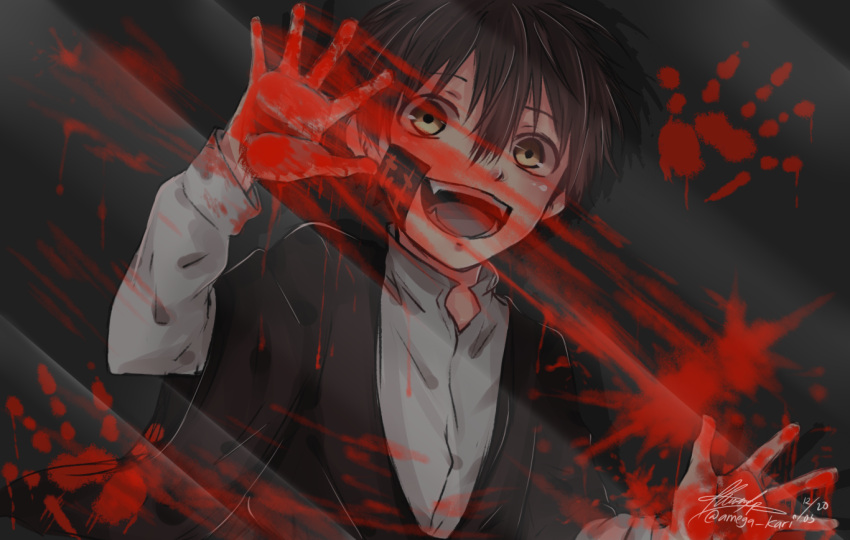 1boy amegakari blood blood_on_hands chinese_clothes commentary_request empty_eyes evil_grin evil_smile eyebrows_visible_through_hair fangs fingerprint ghost grin hair_between_eyes hiiragi_tsukasa horror_(theme) implied_murder jibaku_shounen_hanako-kun looking_at_viewer male_focus murder smile solo straight-on teeth upper_body yellow_eyes