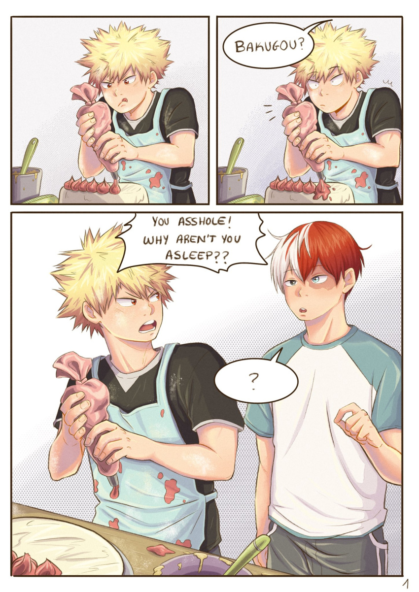 2boys ainudraws bakugou_katsuki blonde_hair boku_no_hero_academia cake food highres multiple_boys open_mouth shirt spiked_hair tagme todoroki_shouto